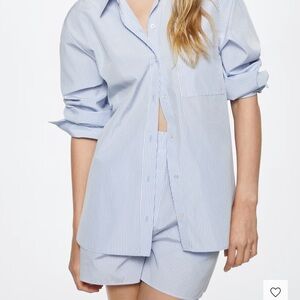 Mango oversized Blue Striped Button-Up Shirt and Shorts Set in cotton bl…